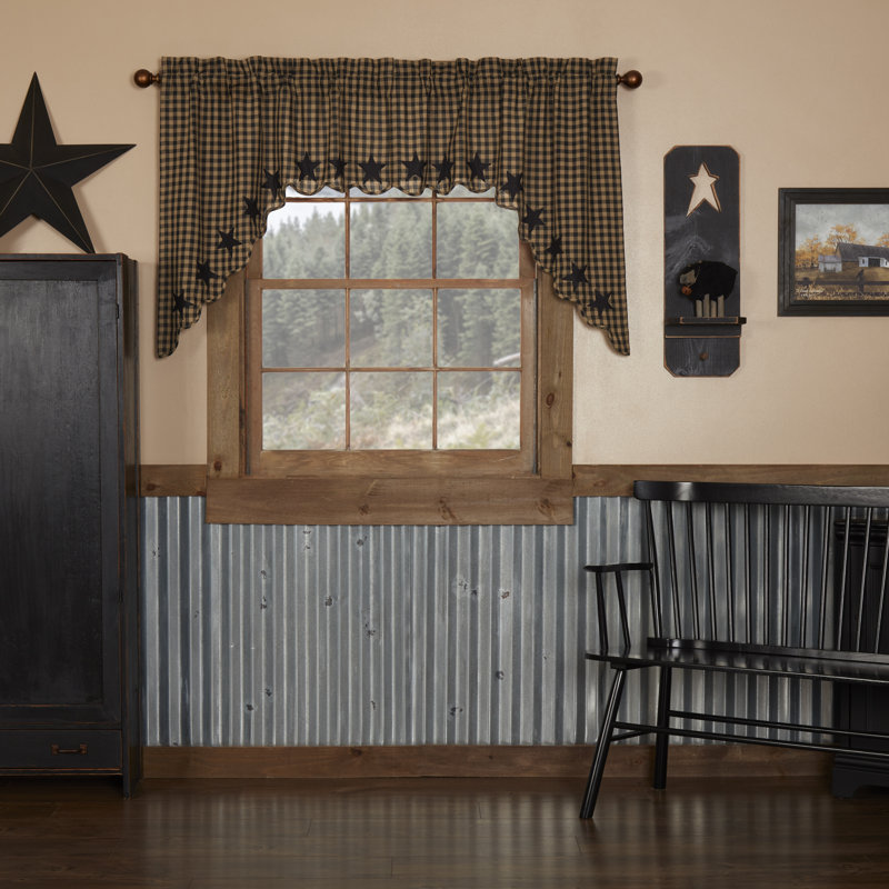 Navy Star Checkered Cotton 72'' W Window Valance, Black