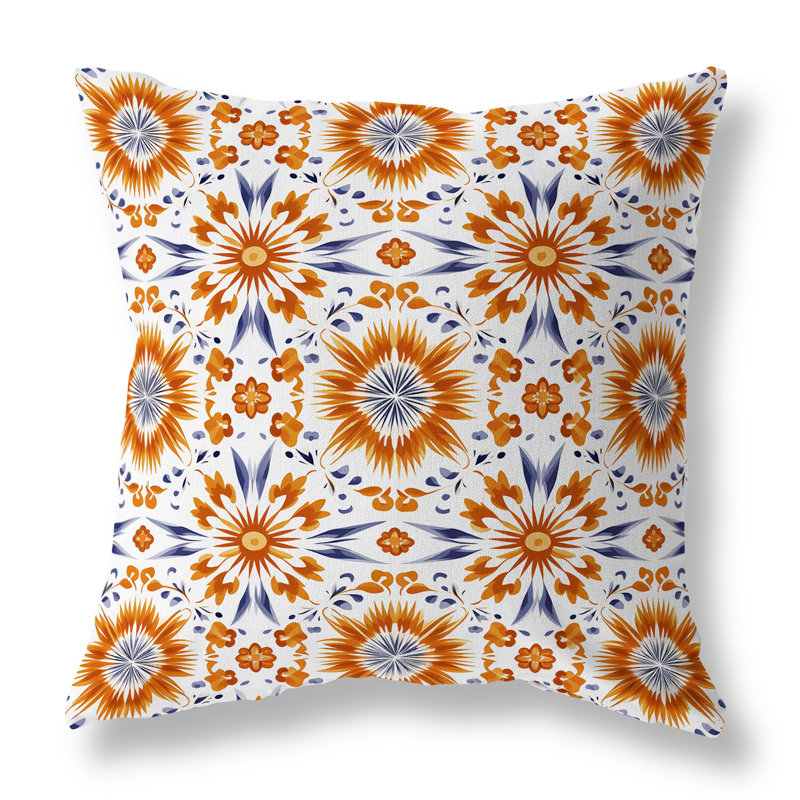 Coussin décoratif intérieur / extérieur Batik Bliss, H 18 po x l 18 po, Bleu / orange floral / géométrique