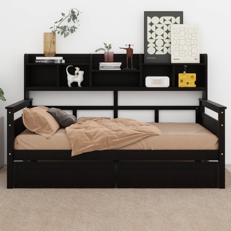 Pren Daybed with Bedside Shelves and Two Drawers, Espresso, Twin