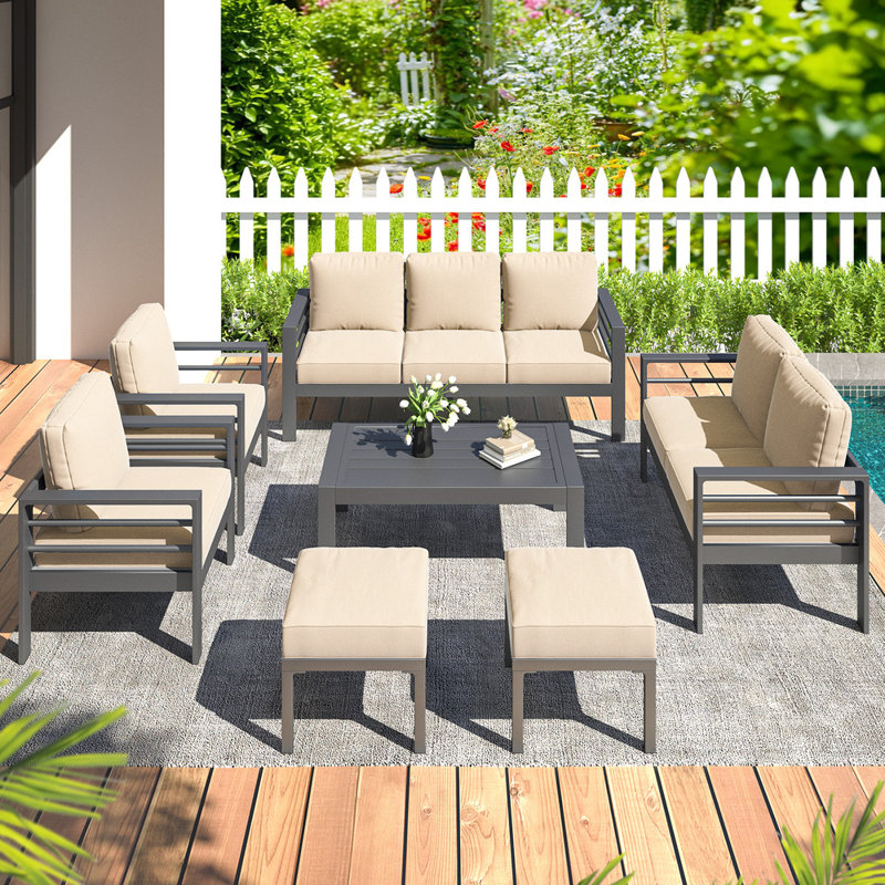 Charlsa 9 - Person Patio Conversation Set with Cushions, Beige Cushion/Black Frame