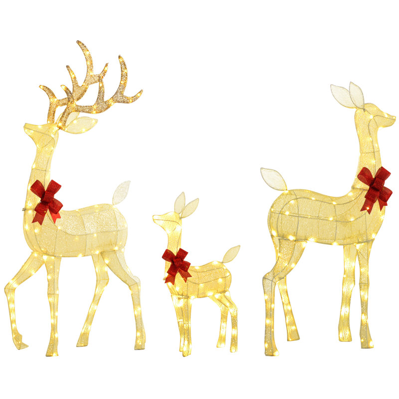 Ensemble de 3 cerfs de Noël illuminé argentés Outsunny | Décorations de jardin blanc chaud, lumières de renne résistantes aux intempéries | Idée de cadeau