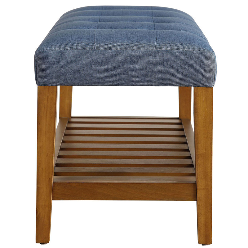 Light Blue And Oak Tufted Padded Seat Bench, Light Blue