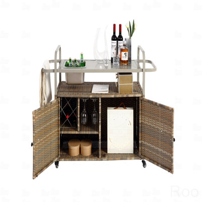 Outdoor Bar Table, Wicker Bar Cart With Cabinet, Patio Serving Cart With Steel Top, With One Ice Bucket,Lockable Wheels, Side Basket by Latitude Run