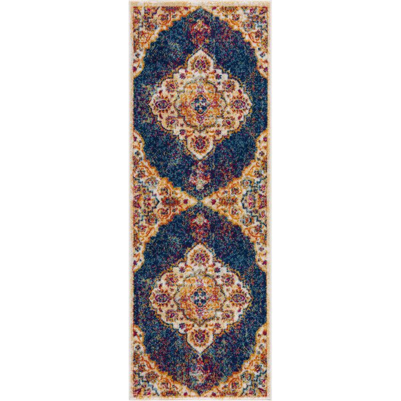 Tapis oriental bleu Edwa, Tapis de couloir 2 pi 7 po x 7 pi 3 po