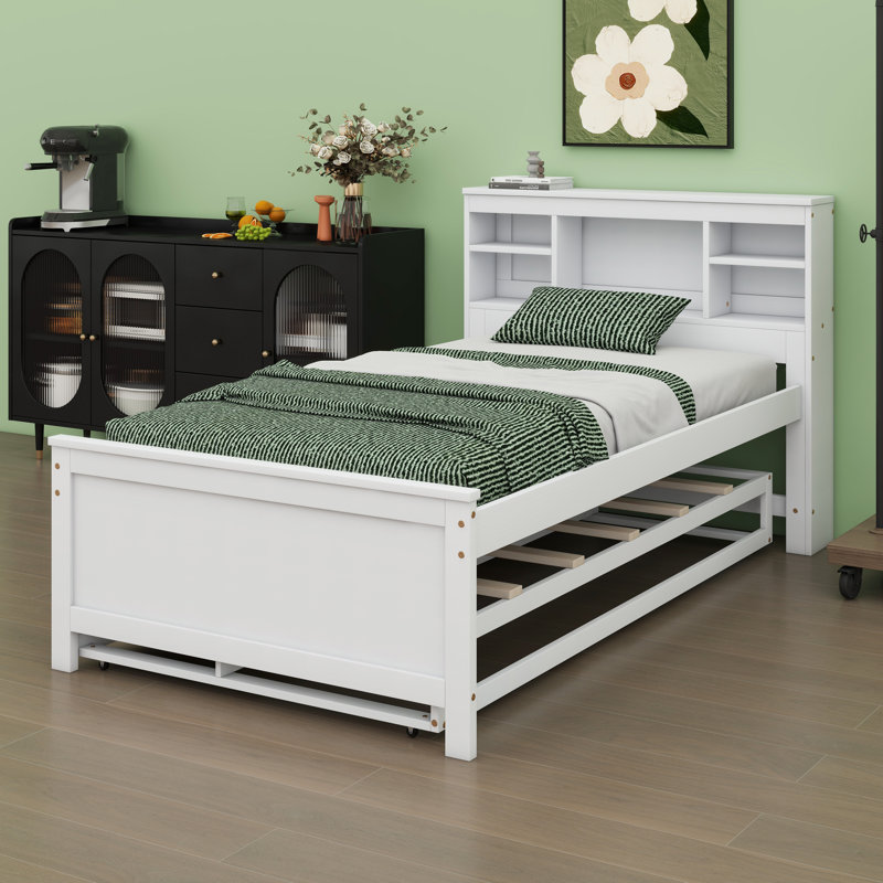 Base de lit plateforme avec port USB, tête de lit, lit gigogne et tiroirs sous le lit, White