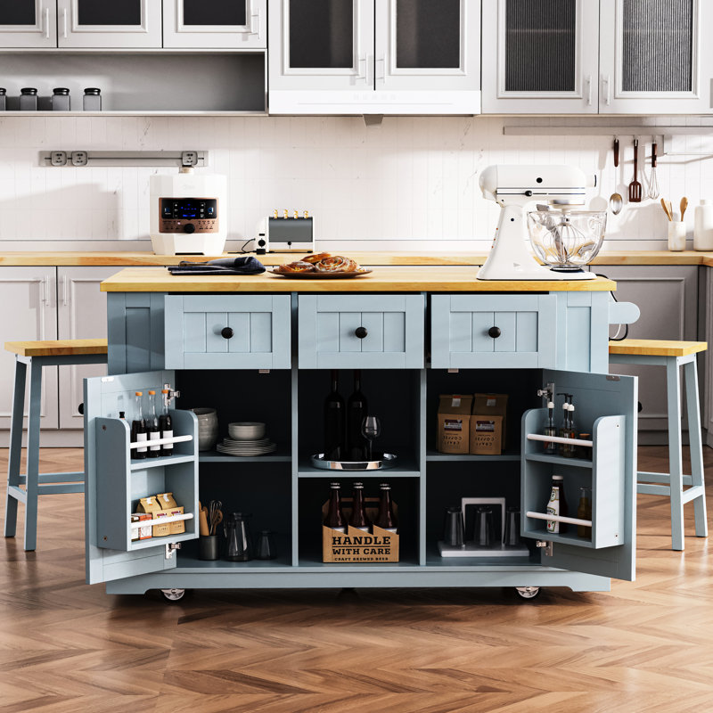 Îlot de cuisine 53 pouces avec 2 options de sièges, adaptateur de prise de courant, tablette de rangement interne, abattant, 3 tiroirs, 5 ouvert, gris-bleu