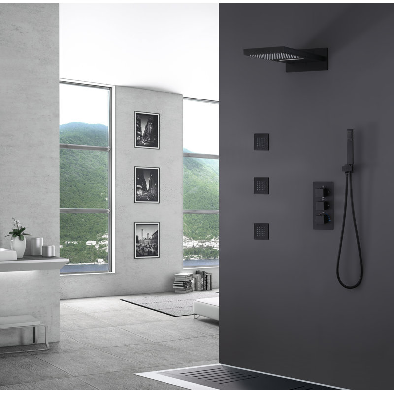 Thermostatic 4-Function Solid Brass Shower System with High Pressure 3 Body Jets and Rough-in Valve, Matte Black