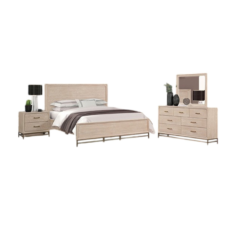 Ensemble de chambre avec grand lit 4 pièces Rozie, miroir biseauté, commode, bois de chêne brun