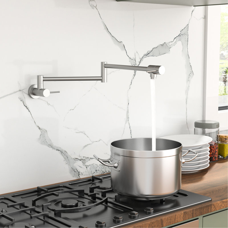Brushed Nickel Wall Mounted Pot Filler Faucet, Single Hole Installation, Two Handles, 360 Rotatable, Foldable Arm For Kitchen Filling And Space Saving Mount, Nickel, Rotation, Design To Save