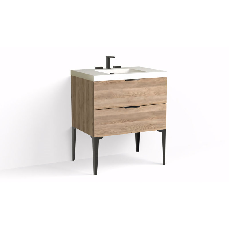 Avila 30" W Freestanding Single Bathroom Vanity with Dean Leg, Matte White/8" Widespread, White Acrylic, Matte Black