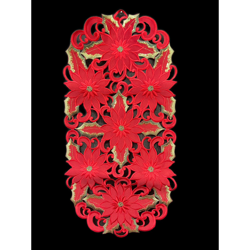 Chemin de table rectangulaire poinsettia et feuille verte brodée à découpes 15 par 34 po, L 36 po x l 16 po