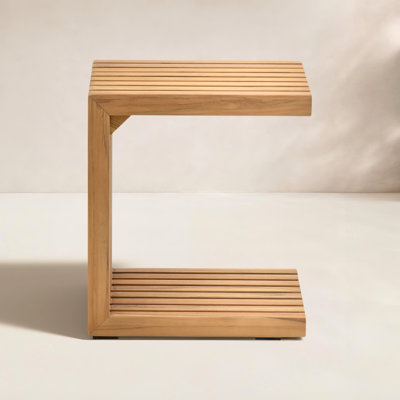 C-Shaped Teak Outdoor Side Table, 16"W End Table with Space-Saving Design