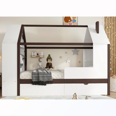 Twin Size House Platform Bed with Drawers, Solid Wood House Bed with Shelves, Childlike Design, White & Espresso