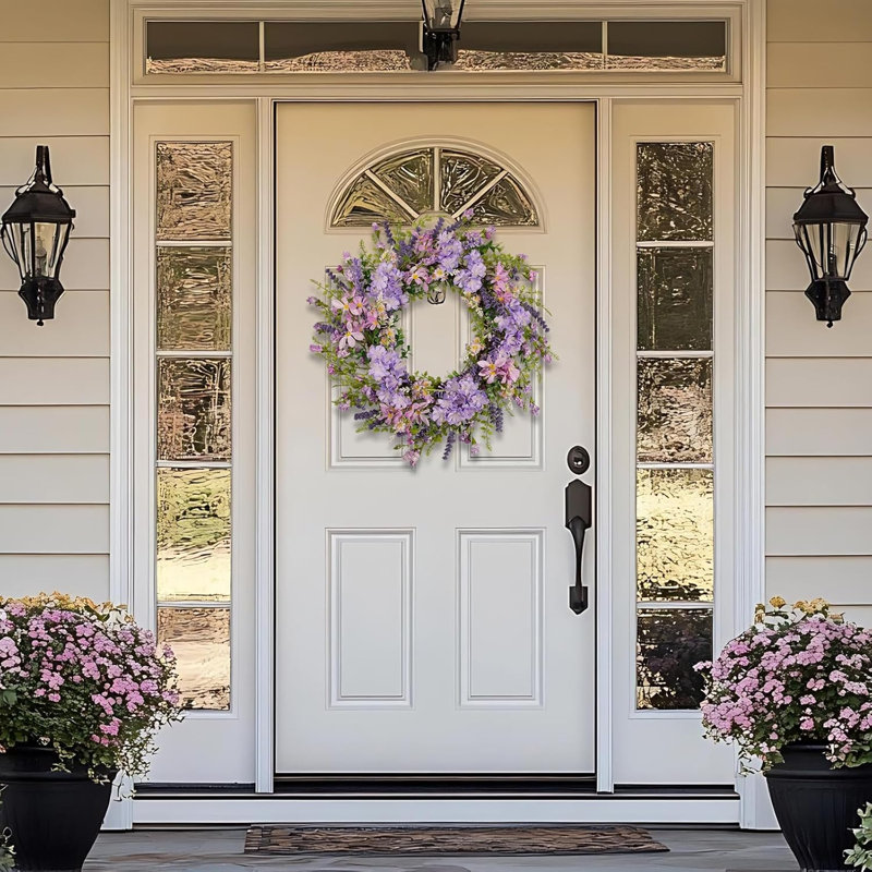 Couronne d'hortensia mauve pour porte d'entrée avec accents lavande, baies et grains