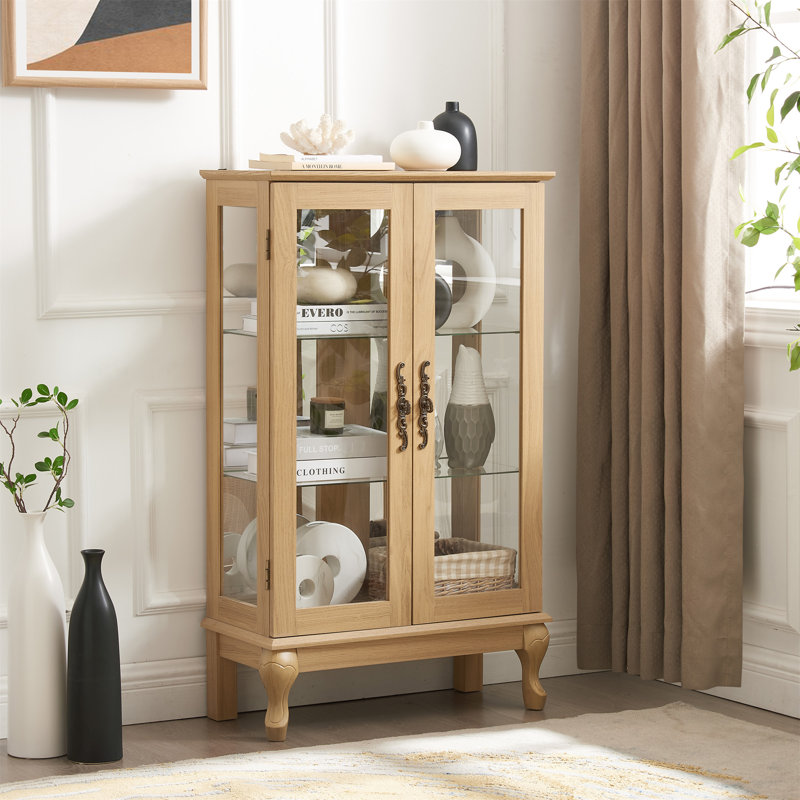 Armoire vitrée 2 portes avec portes en verre trempé avec panneau arrière en miroir et tablettes réglables, Chêne, No