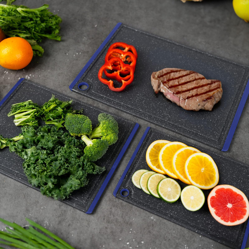 Blue and Black Rectangular Plastic Cutting Board Set, 3-Piece