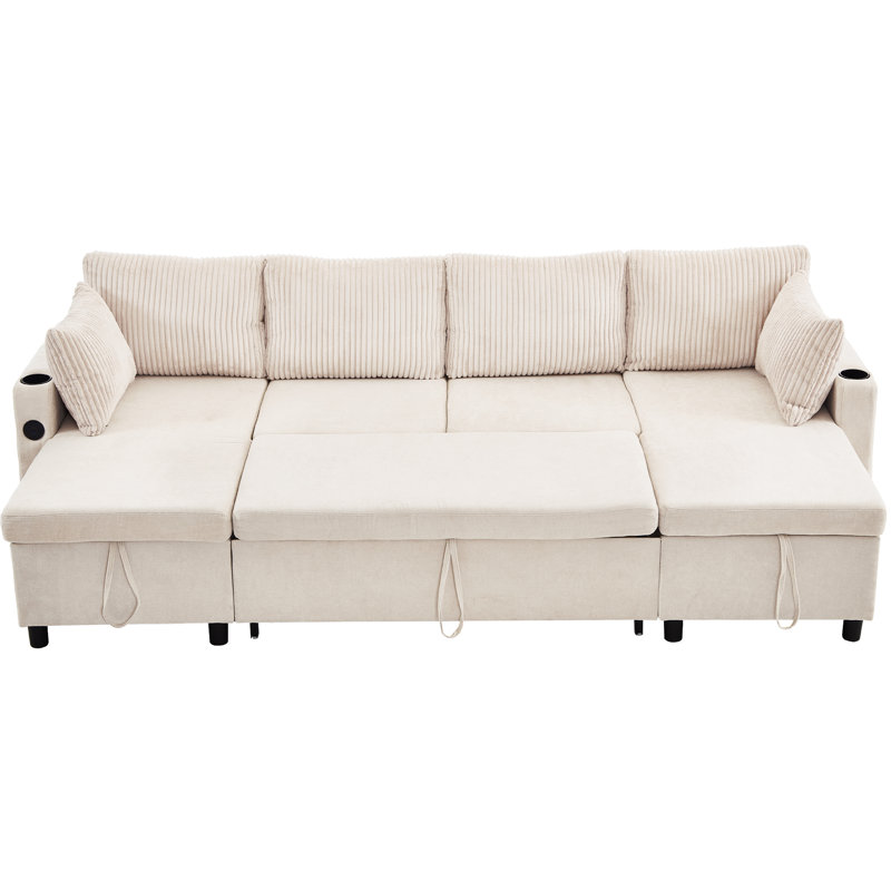 Canapé-lit en chenille de 113,4 po avec grand espace de rangement, deux ports USB et deux porte-gobelets, Beige