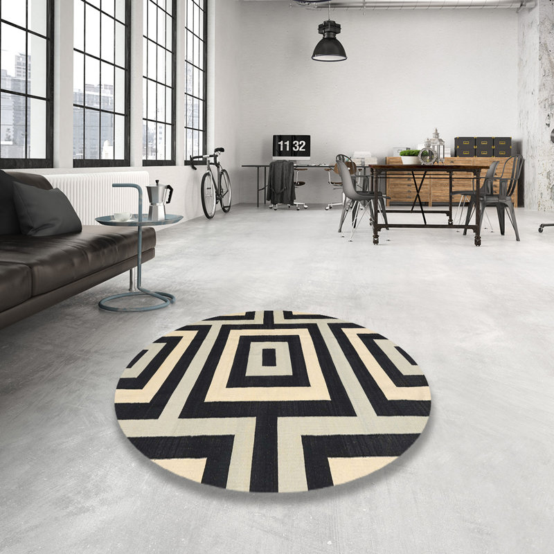 Tapis géométrique noir / beige, Rond 5 pi