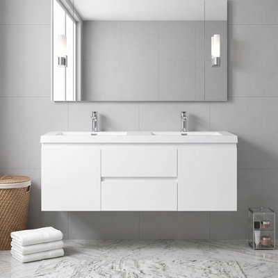 Meuble-lavabo suspendu de 60 po en mélamine de bois avec 2 lavabos intégrés en résine, armoire de salle de bain blanche avec tiroirs et armoires à fermeture douce et poignées supprimées