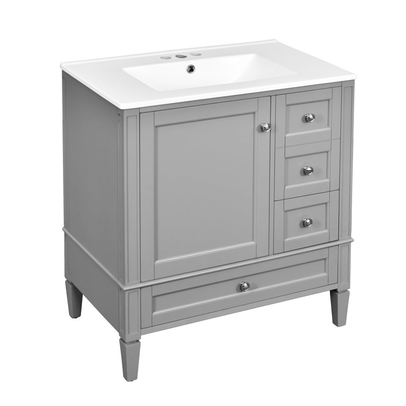Meuble-lavabo de salle de bain avec lavabo en céramique avec tiroir, porte et armoire de rangement, Argent argent, Gris