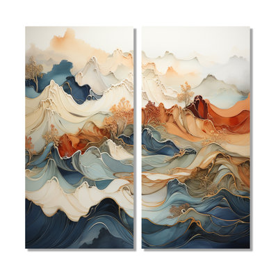 Abstrait orange et bleu, rivière bleue, encre III - art mural moderne sur toile bleue