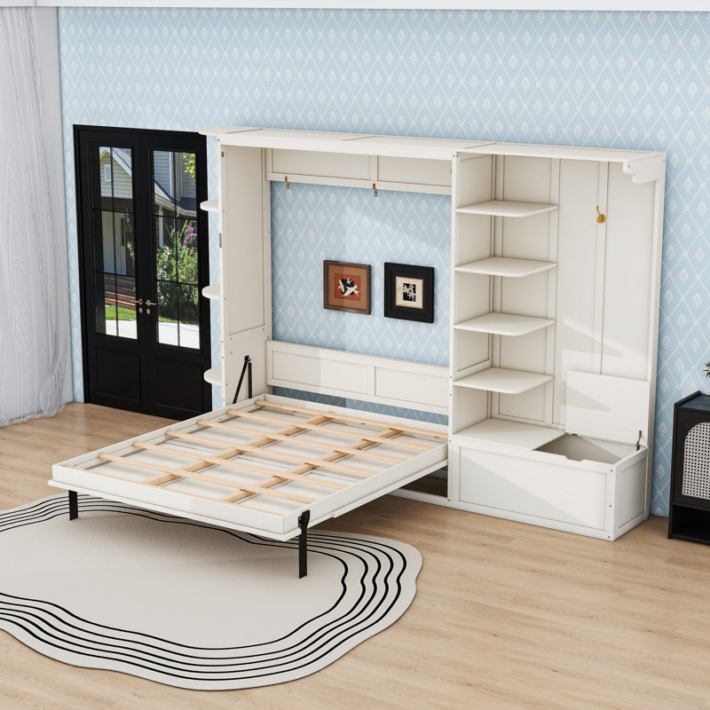 Grand lit escamotable avec tablettes et éclairage DEL intégré, Blanc