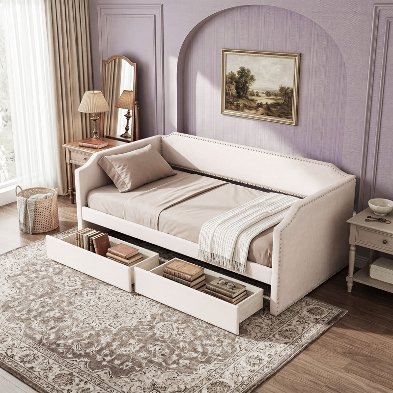 Twin 2 Drawers Upholstered Daybed with Slats, Beige