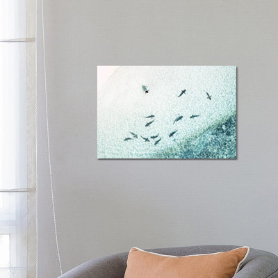Aerial Shoreline Sharks With Swimmer by James Vodicka - Wrapped Canvas Print