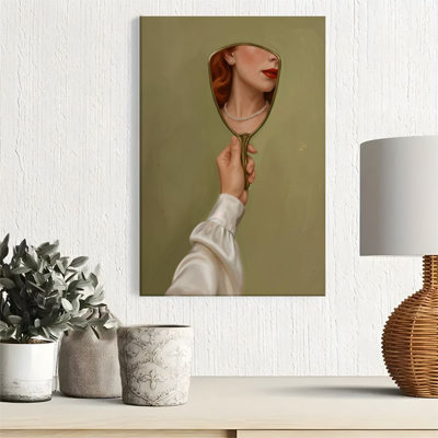 1pc Framed Canvas Wall Art Prints Poster, Portrait of a Woman in the Mirror, Pearl Necklace and Red Lips, Surrealistic Oil Painting Style Art Posters