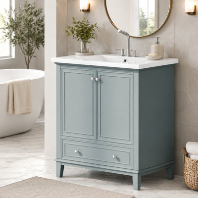 Ensemble de meuble-lavabo 30 po avec lavabo, armoire de rangement multifonctionnelle, structure en bois massif et panneau de fibres à densité moyenne