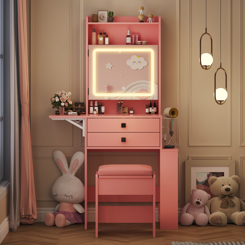 Petit bureau de coiffeuse avec 3 miroirs lumineux réglables, Rose
