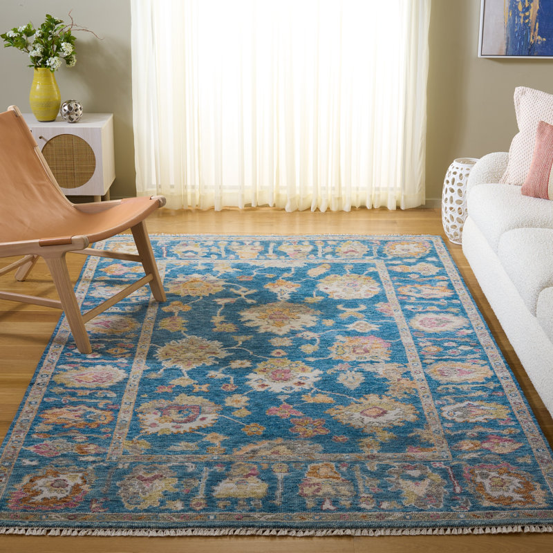 Samarkand 402 laine nouée à la main; Tapis oriental en coton bleu / ivoire, Rectangle 6 pi x 9 pi