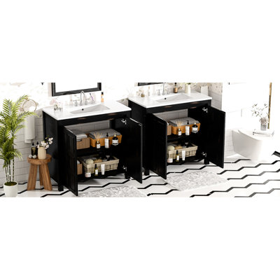 Meuble-lavabo 72 po avec lavabos doubles en céramique - Finition rétro, charnières silencieuses à fermeture en douceur, couleur évier de rangement spacieux, bois massif, spacieux