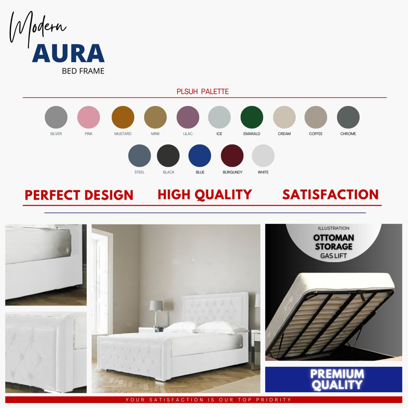 Aura Averian Upholstered Ottoman Storage Bed - Plush Velvet Gas Lift Bed Frame with Headboard, Single (3'), White