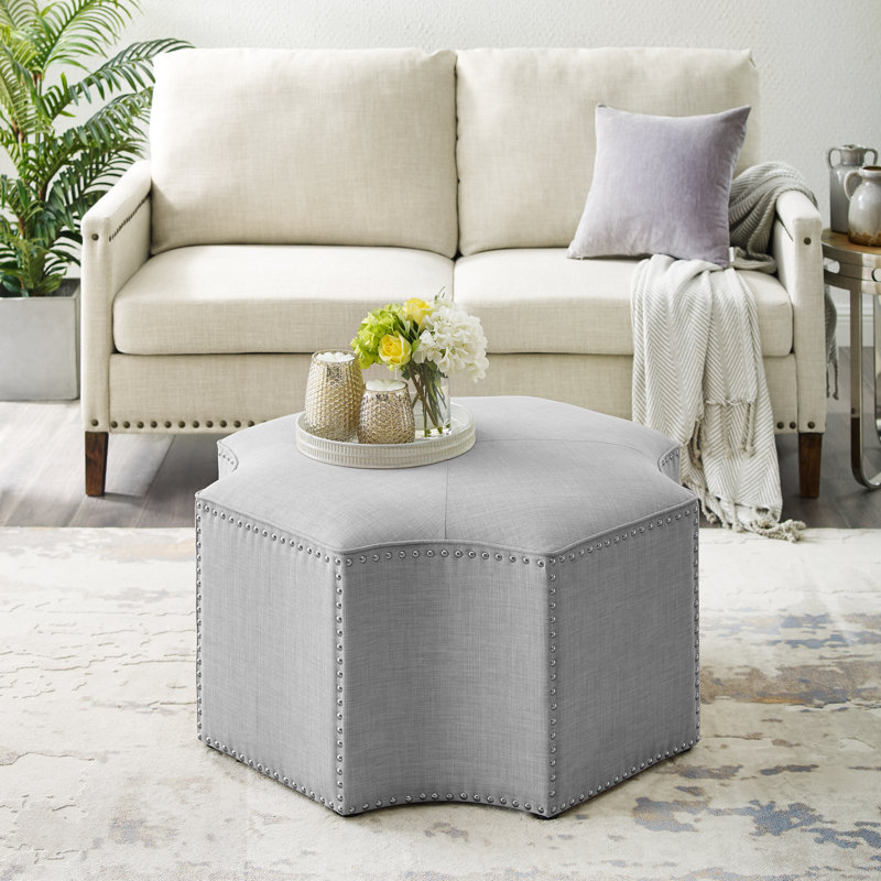 Fiorella Octagon Cocktail Ottoman Single Tuft Chrome Nailhead Trim, Gray, Linen