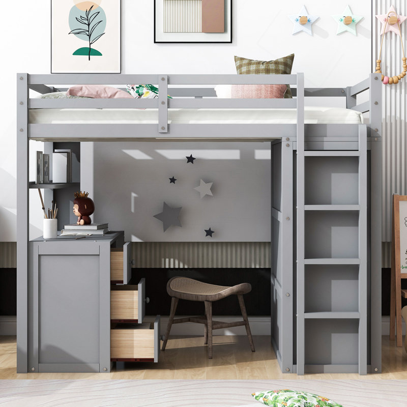Lit mezzanine simple avec tiroirs, bureau et garde-robe gris, Gris