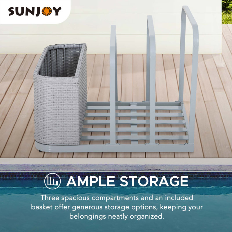 Sunjoy 35 Inch Poolside Float Storage Organizer, Rust-proof Aluminum Wicker Storage Rack, Outdoor Pool Caddy for Cushions, Floaties, Noodles & Pool Toys (Brown)