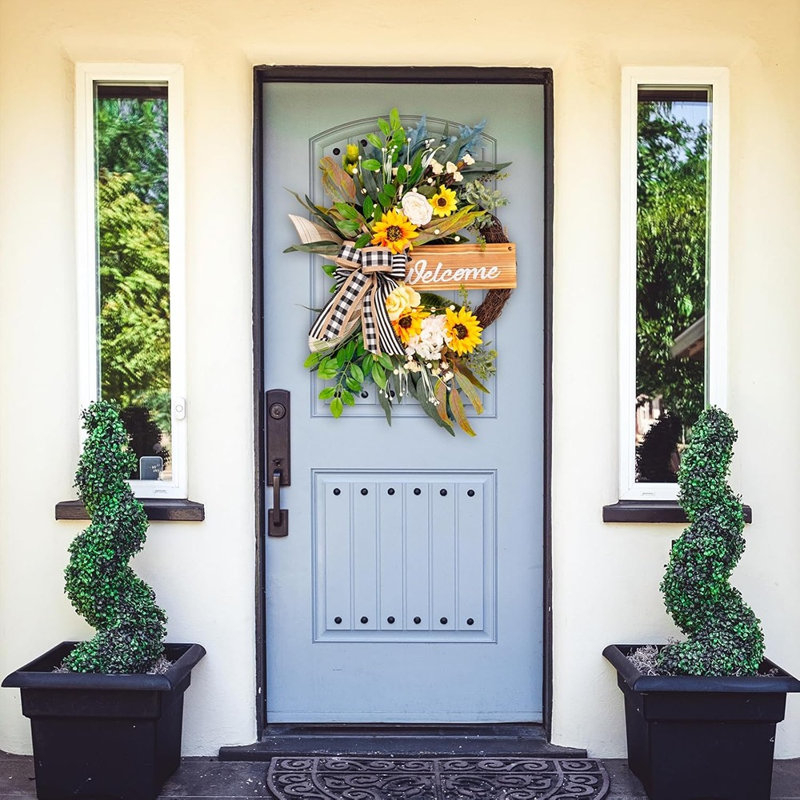 Couronne de printemps pour porte d'entrée - Farmhouse Sunflower Welcome Sign For Home Decor