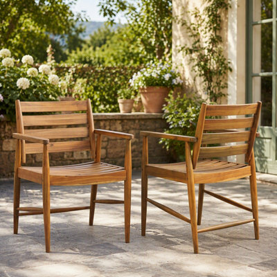 Wingate Natural Acacia Wood Outdoor Dining Chairs Set of 2, Slatted Back Patio Armchair with Tapered Legs for Garden Deck Balcony