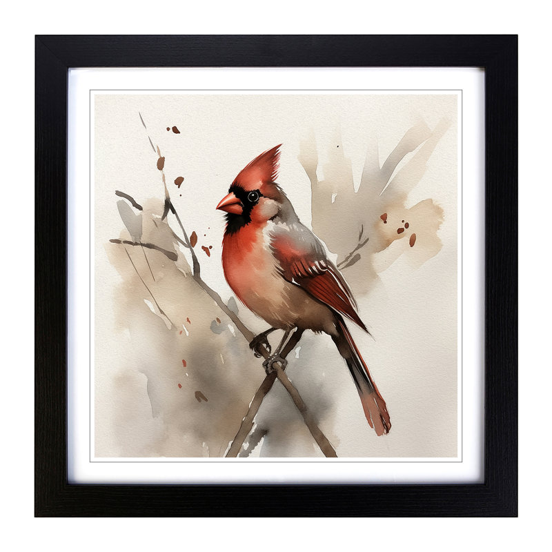Cardinal Bird Ink Wash - Framed Print, Black