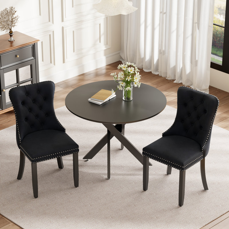 Ensemble de salle à manger rond en bois avec chaise capitonnée, Noir, noir, noir, noir, 3, Noir, noir, noir, noir