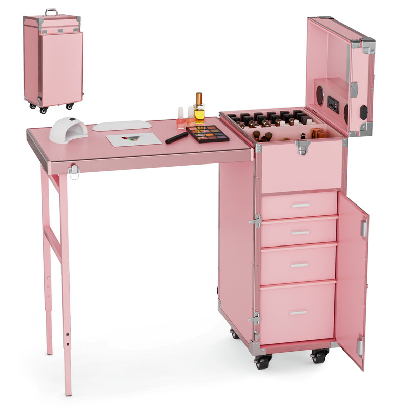Manicure Trolley with Table, Pink Foldable Traveling Nail Desk w/Storage, Worktable and Mirror