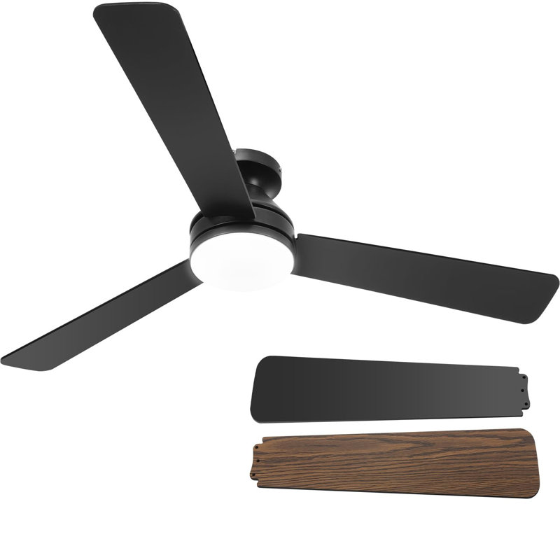 52 In. Dimmable Led Indoor/outdoor Black Flush Mount Ceiling Fan With Light And Remote, 6 Speeds Dc Reversible Noiseless