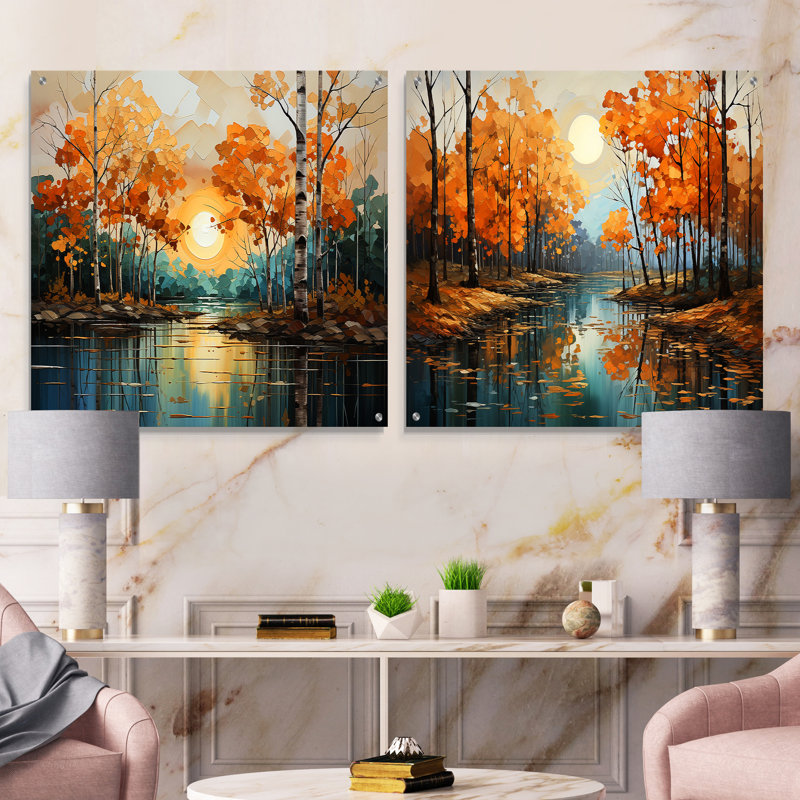 «Birch Woods Gilded Pathway VII», ensemble de 2 peintures murales en acrylique, H 16 po x l 33 po