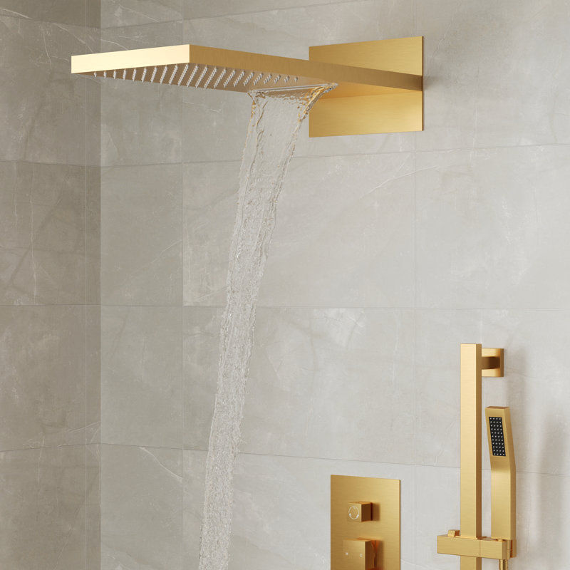 22" Waterfall & Rainfall Shower System with Adjustable Slide Bar Handheld Shower and Pressure-Balanced Valve, Brushed Gold