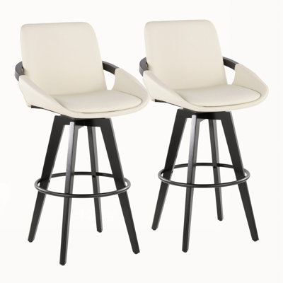 Ensemble de 2 tabourets de bar pivotants à hauteur fixe, structure en bois noir avec similicuir crème et repose-pieds en métal noir
