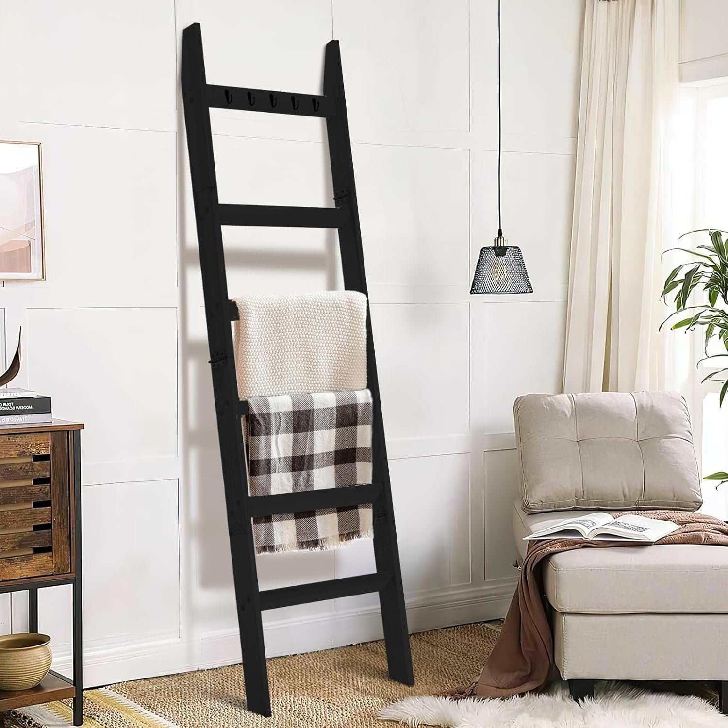 Blanket Ladder Decorative Towel Rack Holder For Bathroom, Wall Leaning Metal Drying Quilt Stand For Living Room Bedroom Farmhouse Home Decor, For Women Mom Mother Her Wife - Black