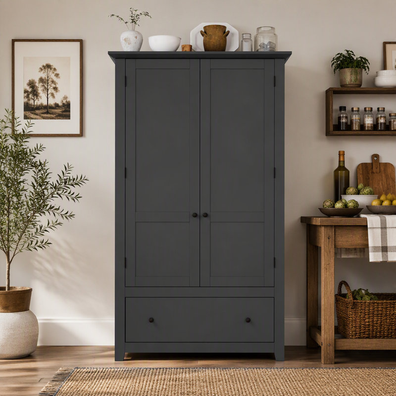 Armoire de cuisine haute autoportante de style campagnard avec 2 portes de style Shaker, 6 tablettes de porte, 4 tiroirs et 2 étagères réglables