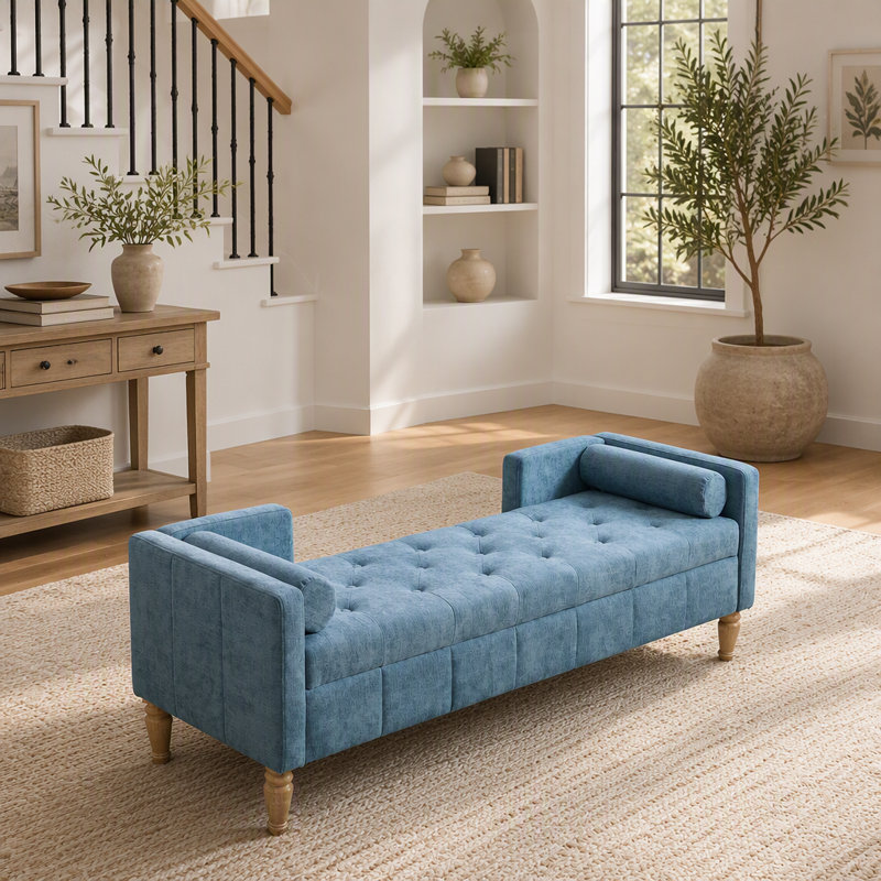 Banc de rangement à couvercle rabattable recouvert de chenille, avec accoudoirs, dossier et coussins pour une utilisation polyvalente à la maison, pieds en bois d'hévéa blanchi