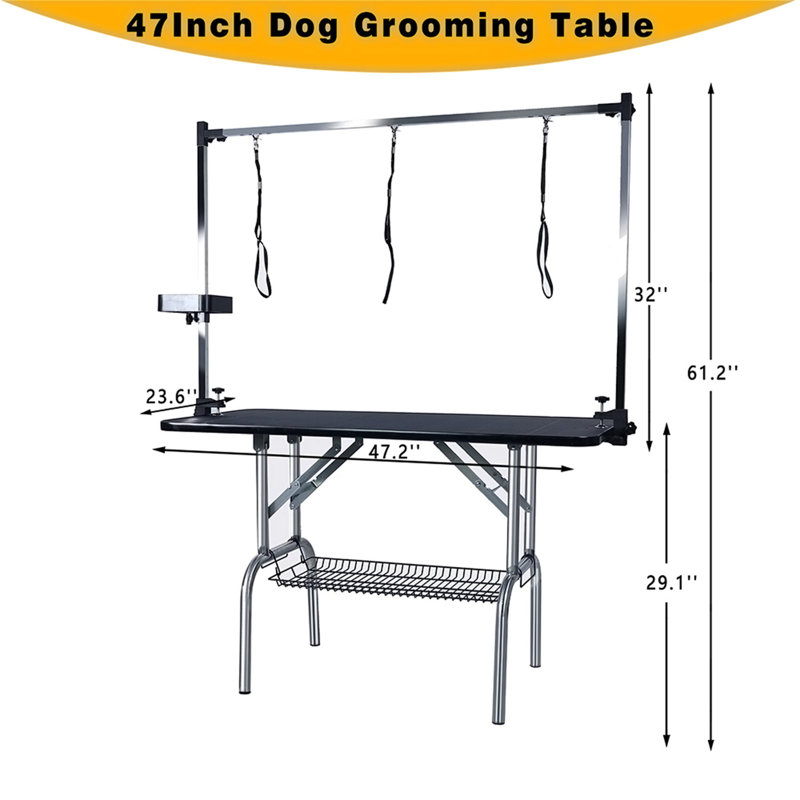 Foldable Grooming Table Adjustable Height Arms Pet Station with Nooses, Mesh Tray, Tool Organizer, Black